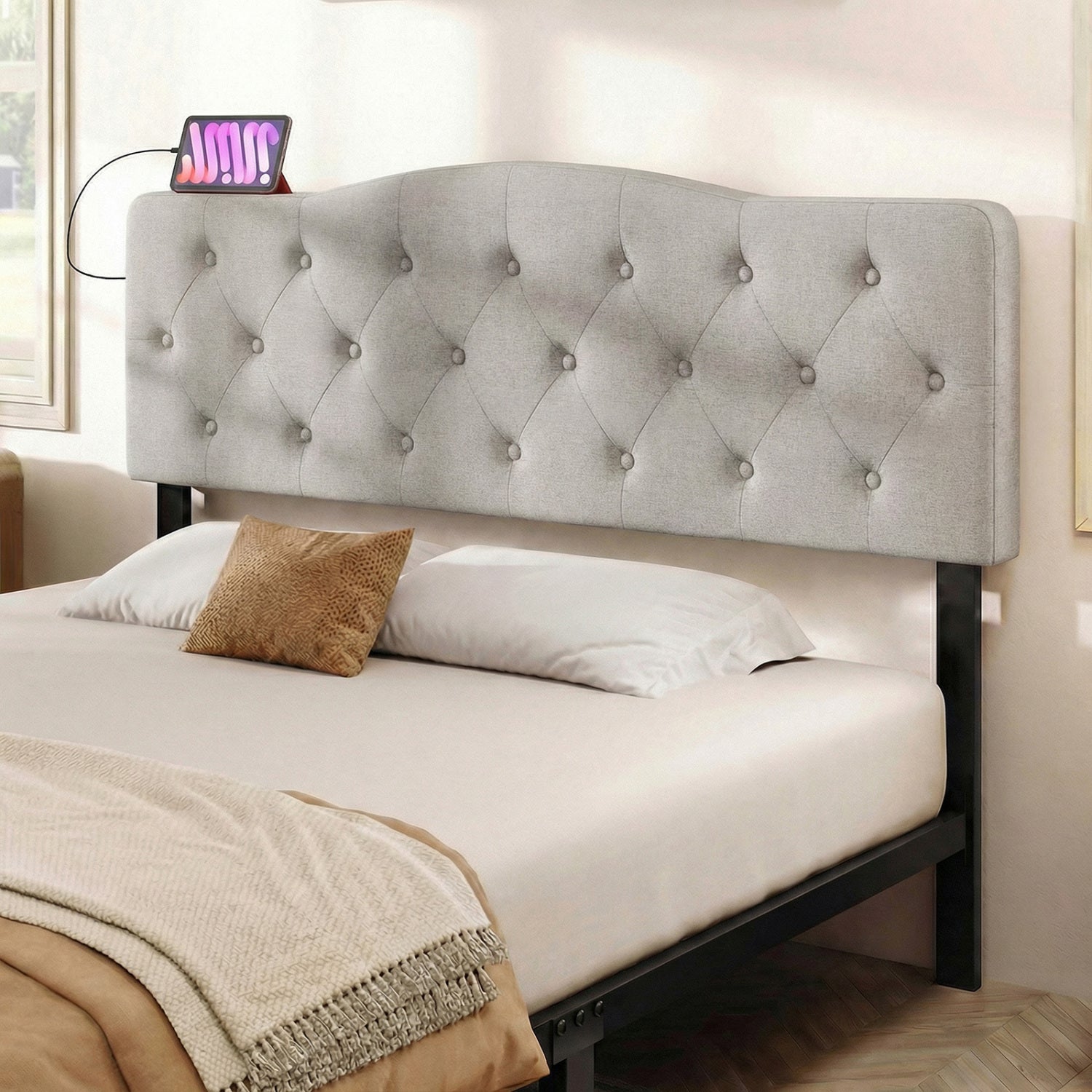 Tufted Upholstered Head Board for Queen and Full Size Bed with 2 AC Outlets-Gray