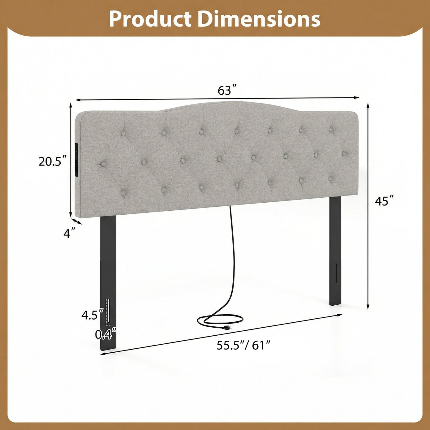 Tufted Upholstered Head Board for Queen and Full Size Bed with 2 AC Outlets-Gray
