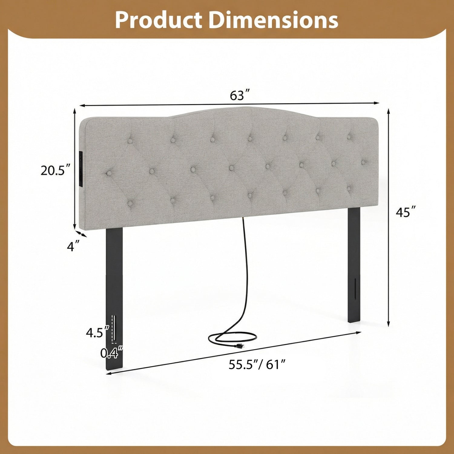 Tufted Upholstered Head Board for Queen and Full Size Bed with 2 AC Outlets-Gray