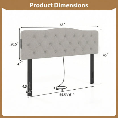 Tufted Upholstered Head Board for Queen and Full Size Bed with 2 AC Outlets-Gray