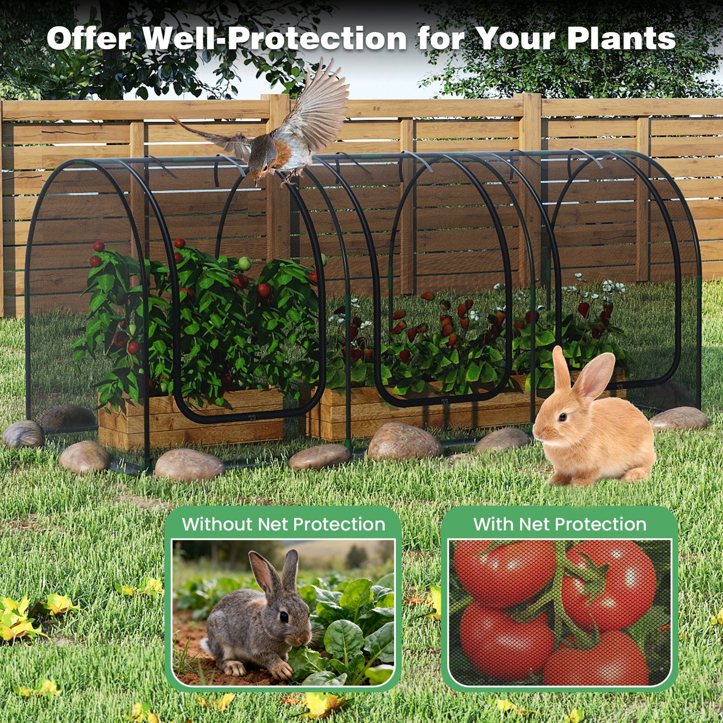 Tunnel Crop Cage Large Portable Plant Protection Tent with 3 Roll-up Zippered Doors