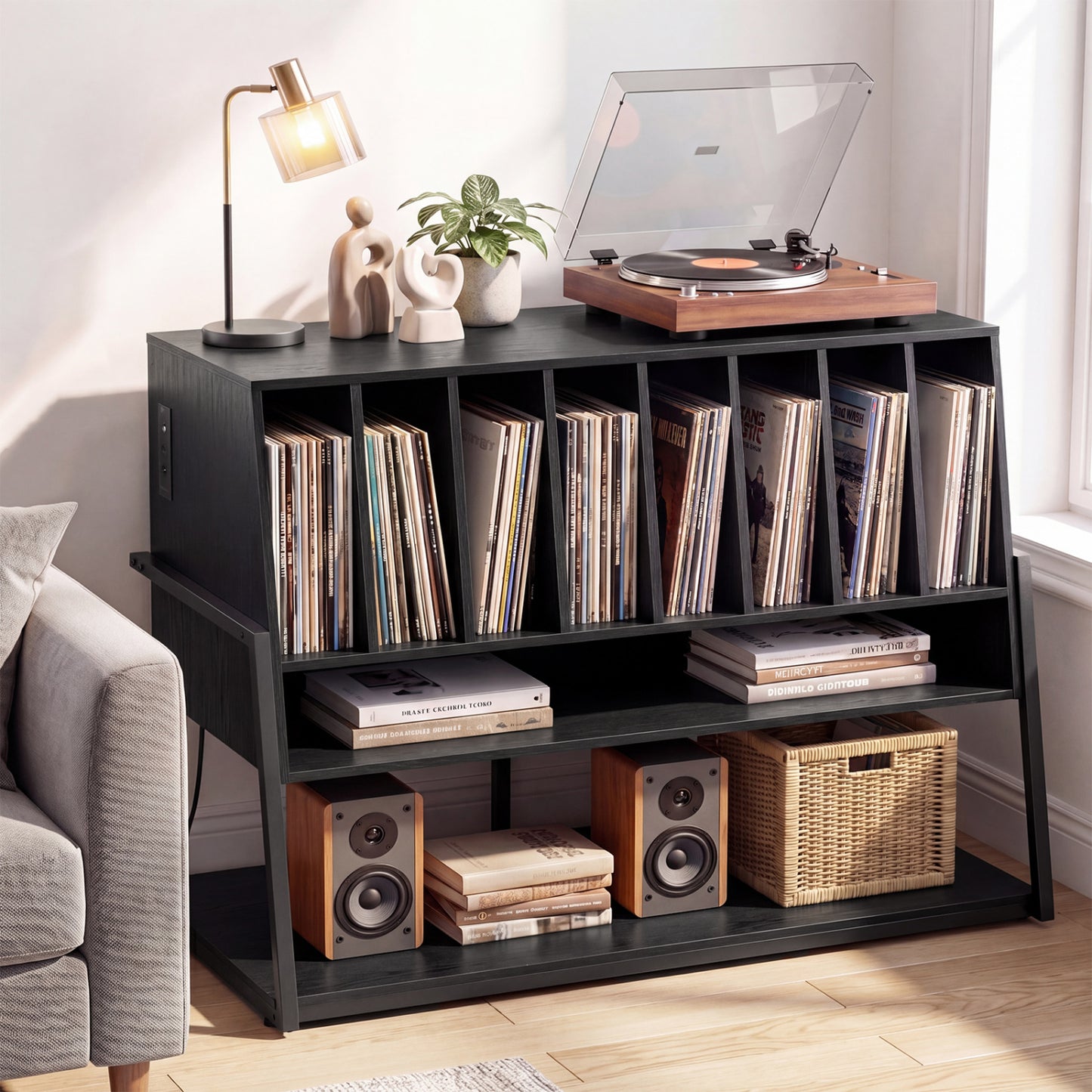 Turntable Stand with Charging Station & Vinyl Storage