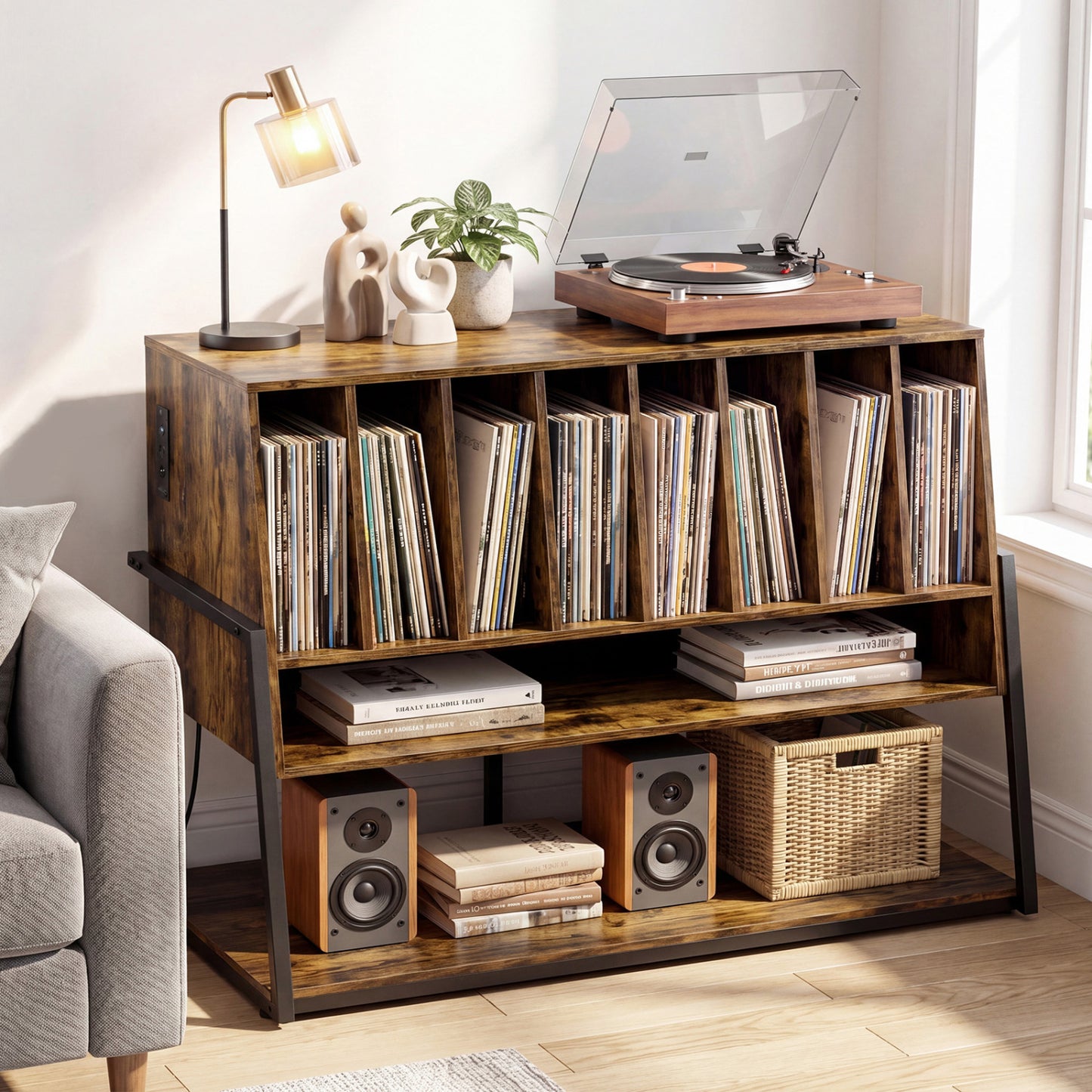 Turntable Stand with Charging Station & Vinyl Storage
