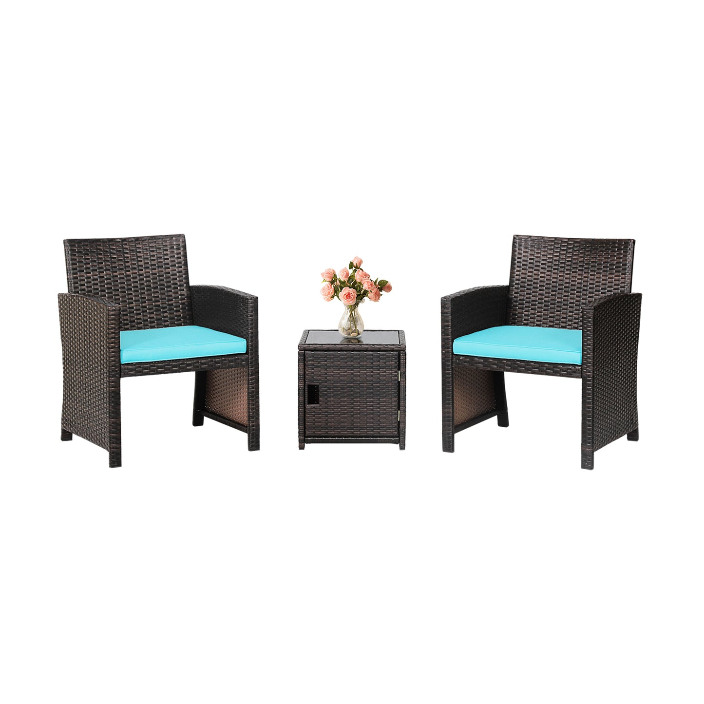 3 Pieces Patio Wicker Furniture Set with Storage Table and Protective Cover-Off White - Turquoise