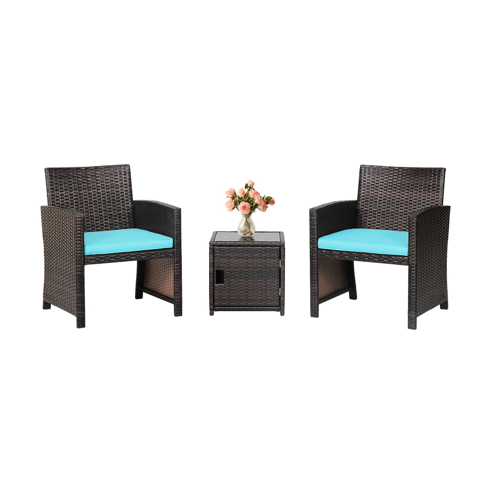3 Pieces Patio Wicker Furniture Set with Storage Table and Protective Cover-Off White - Turquoise