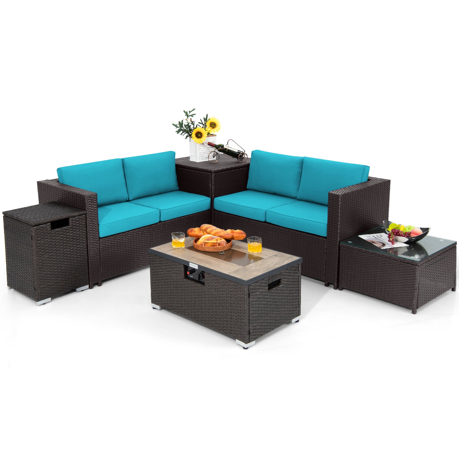 6 Pieces Outdoor Wicker Furniture Set with 32 Inch Propane Fire Pit Table-Beige - Turquoise