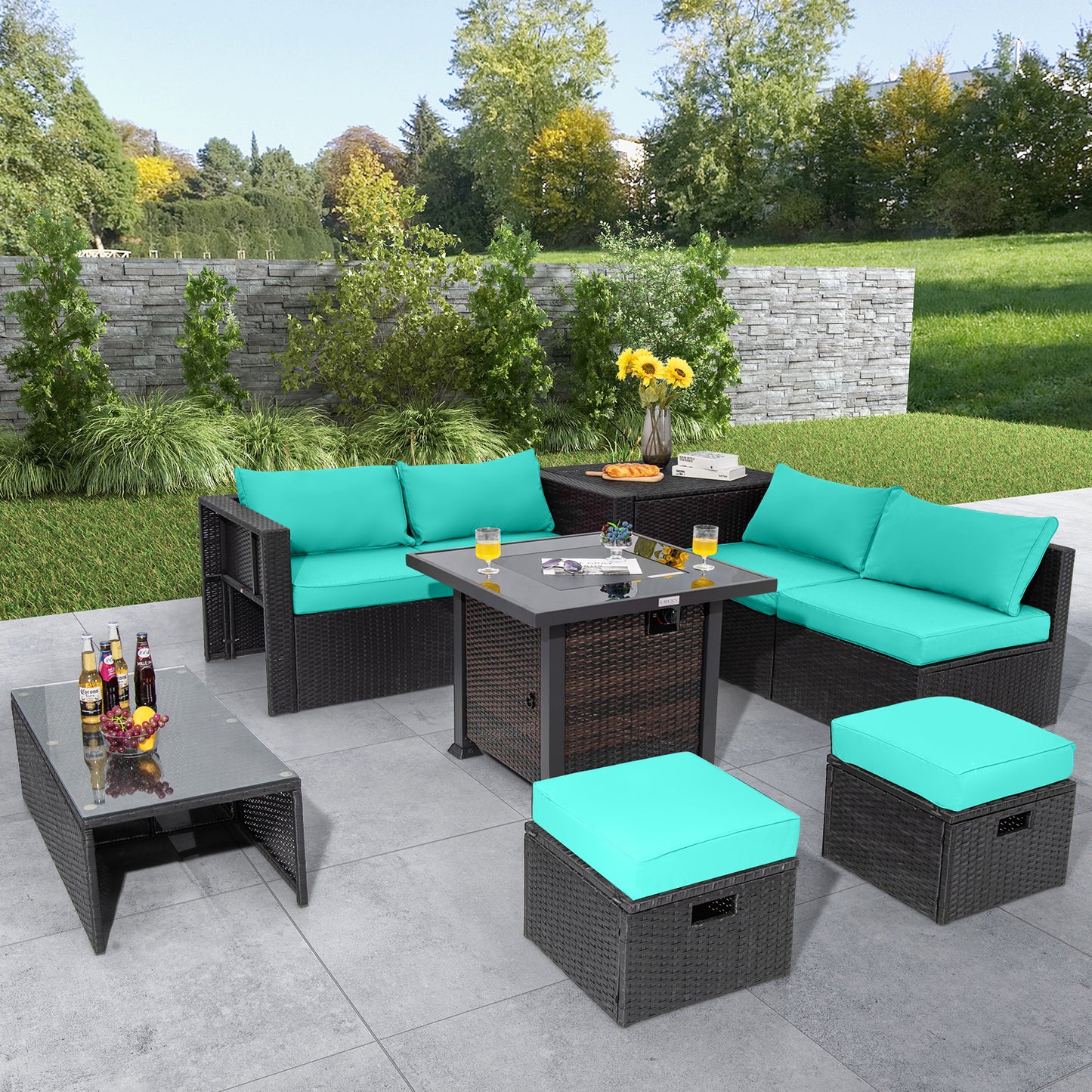 9 Pieces Patio Furniture Set with 32‚Äù Fire Pit Table and 50000 BTU Square Propane Fire Pit-Turquoise