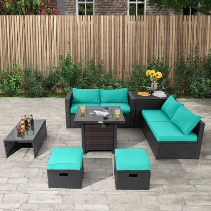 9 Pieces Patio Furniture Set with 32‚Äù Fire Pit Table and 50000 BTU Square Propane Fire Pit-Turquoise