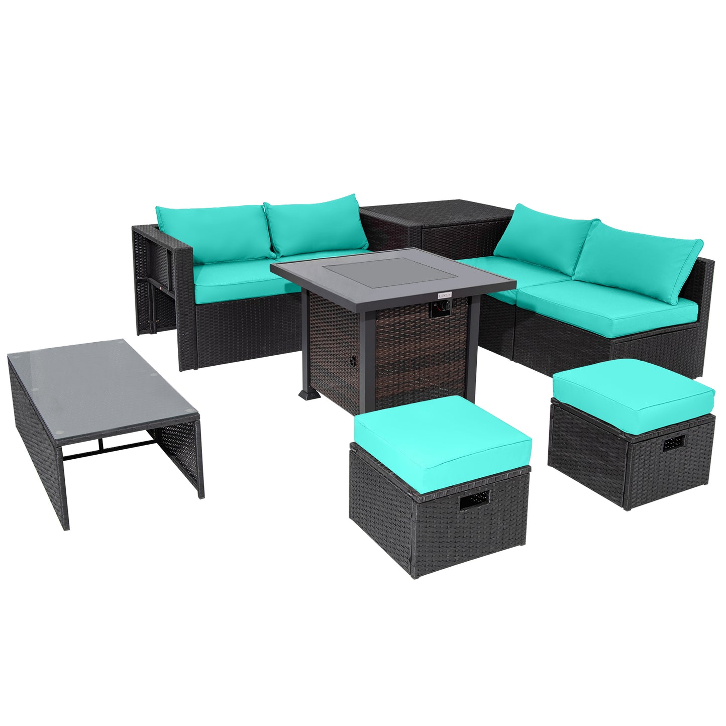 9 Pieces Patio Furniture Set with 32‚Äù Fire Pit Table and 50000 BTU Square Propane Fire Pit-Turquoise