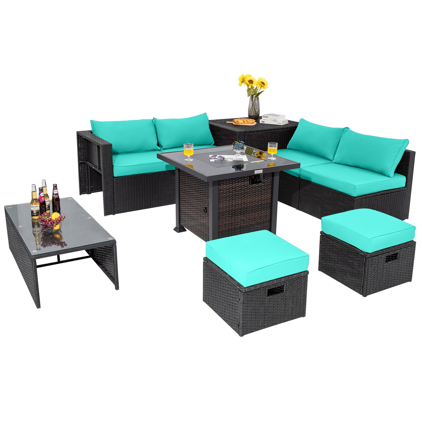 9 Pieces Patio Furniture Set with 32‚Äù Fire Pit Table and 50000 BTU Square Propane Fire Pit-Turquoise