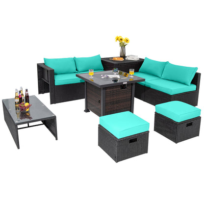 9 Pieces Patio Furniture Set with 32‚Äù Fire Pit Table and 50000 BTU Square Propane Fire Pit-Turquoise
