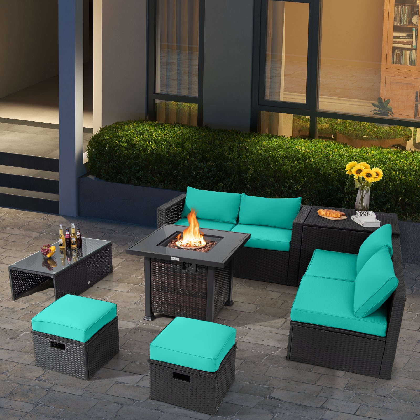 9 Pieces Patio Furniture Set with 32‚Äù Fire Pit Table and 50000 BTU Square Propane Fire Pit-Turquoise