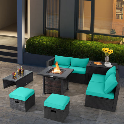 9 Pieces Patio Furniture Set with 32‚Äù Fire Pit Table and 50000 BTU Square Propane Fire Pit-Turquoise