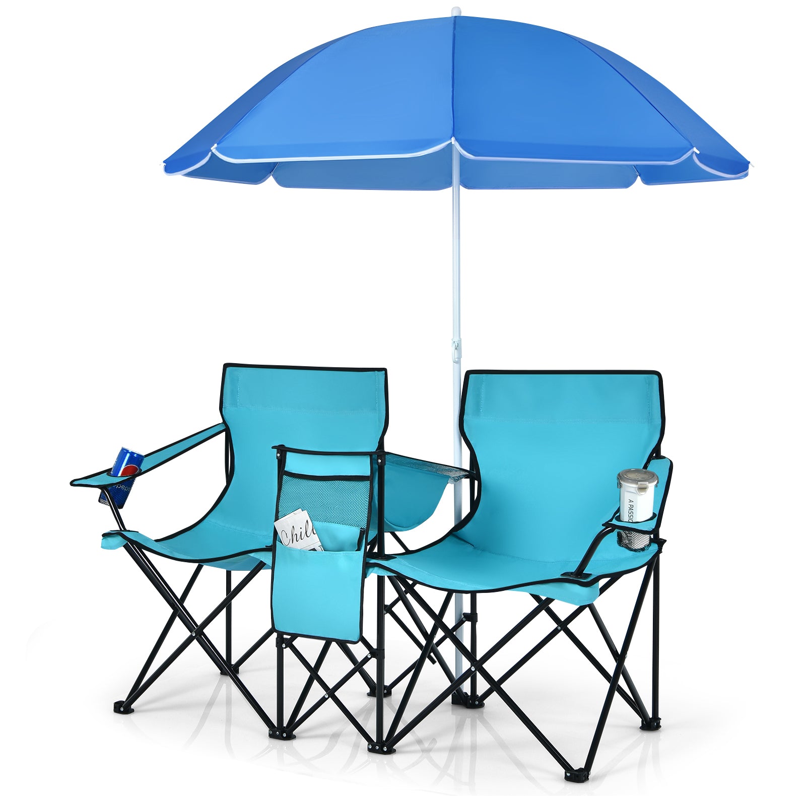 Portable Folding Picnic Double Chair With Removable Umbrella-Green - Turquoise
