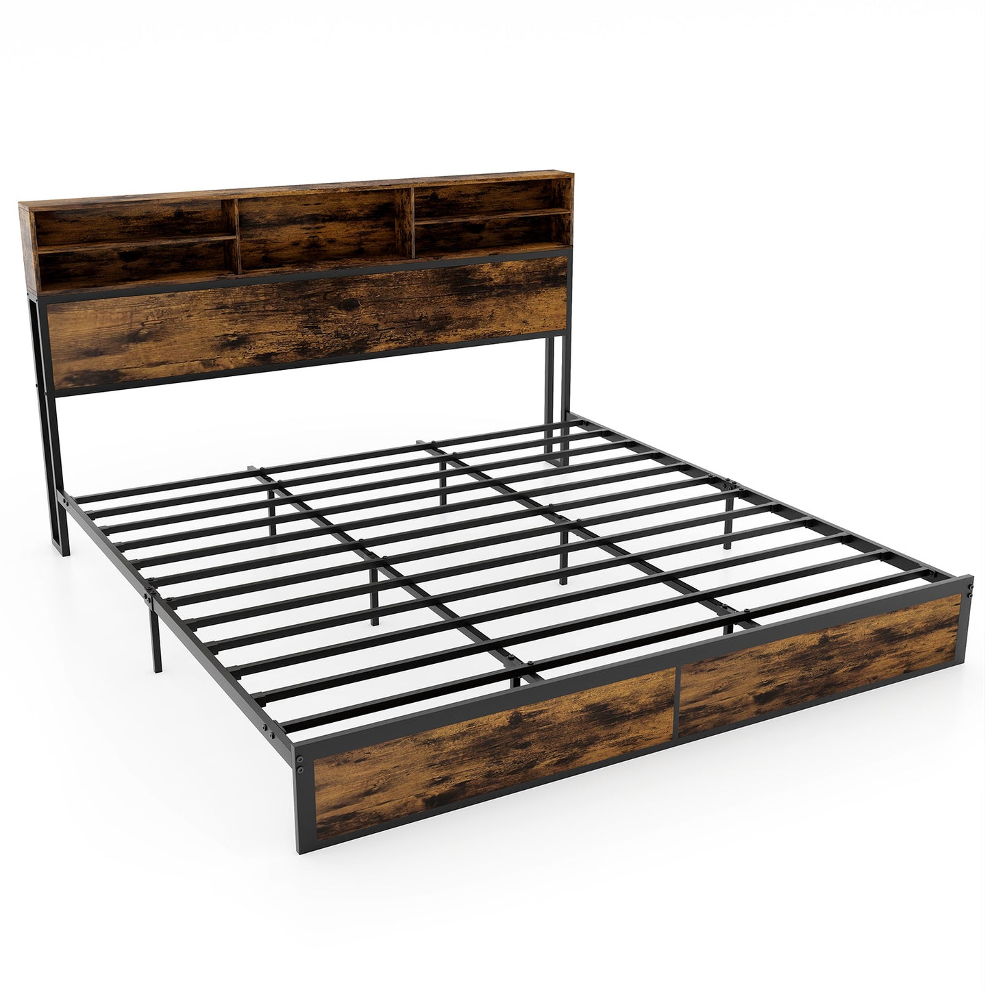 Twin/Full/Queen/King Size Bed Frame with Storage Headboard Industrial Metal Platform Bed-King Size - King Size