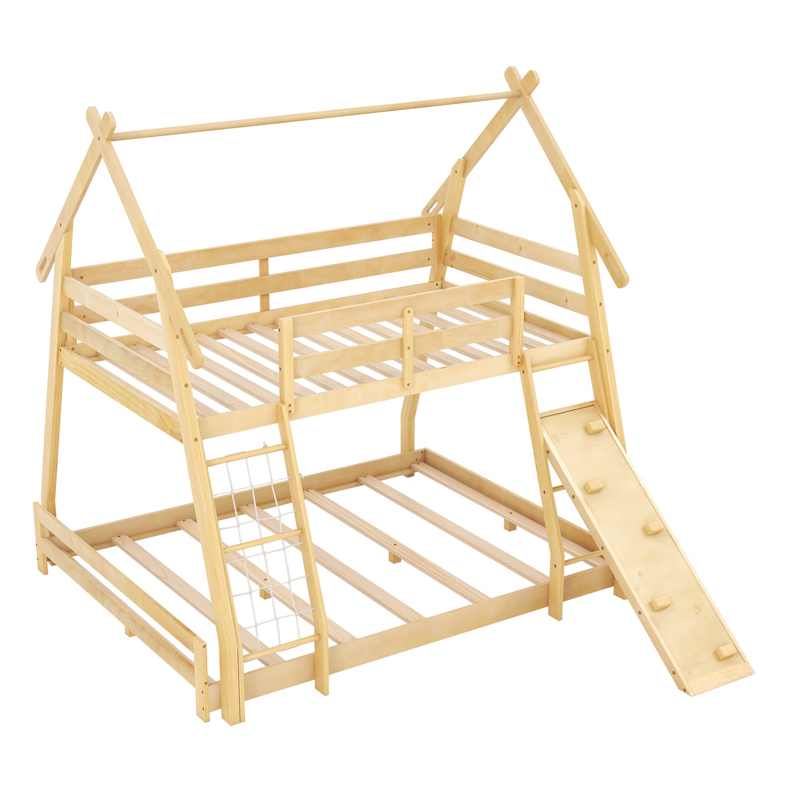 Twin Over Queen Bunk Bed Wooden Kids Bed with Climbing Nets and Ramp-Gray - Natural