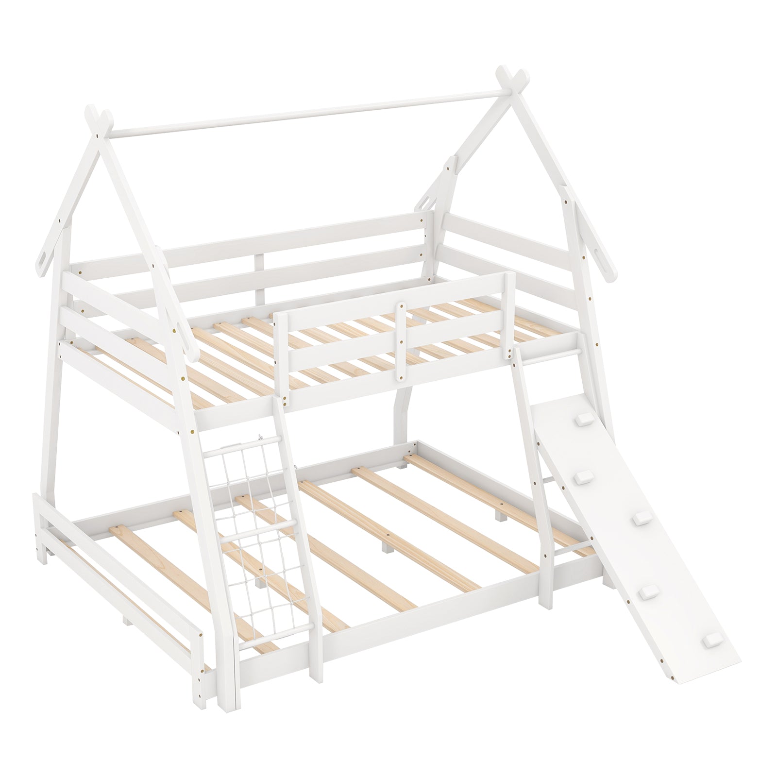 Twin Over Queen Bunk Bed Wooden Kids Bed with Climbing Nets and Ramp-Gray - White
