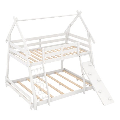 Twin Over Queen Bunk Bed Wooden Kids Bed with Climbing Nets and Ramp-Gray - White
