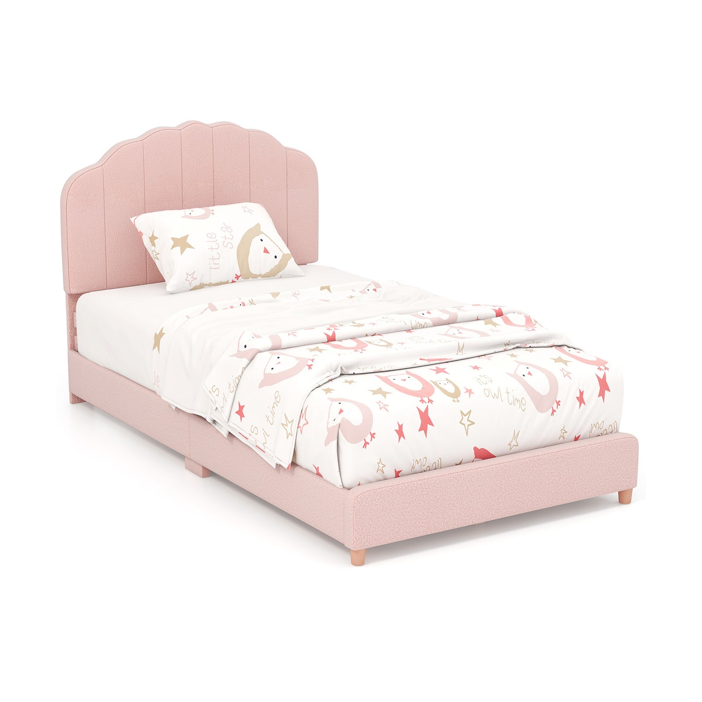Twin Bed Frame with Height-Adjustable Headboard and Sturdy Wooden Slats-Pink - Pink
