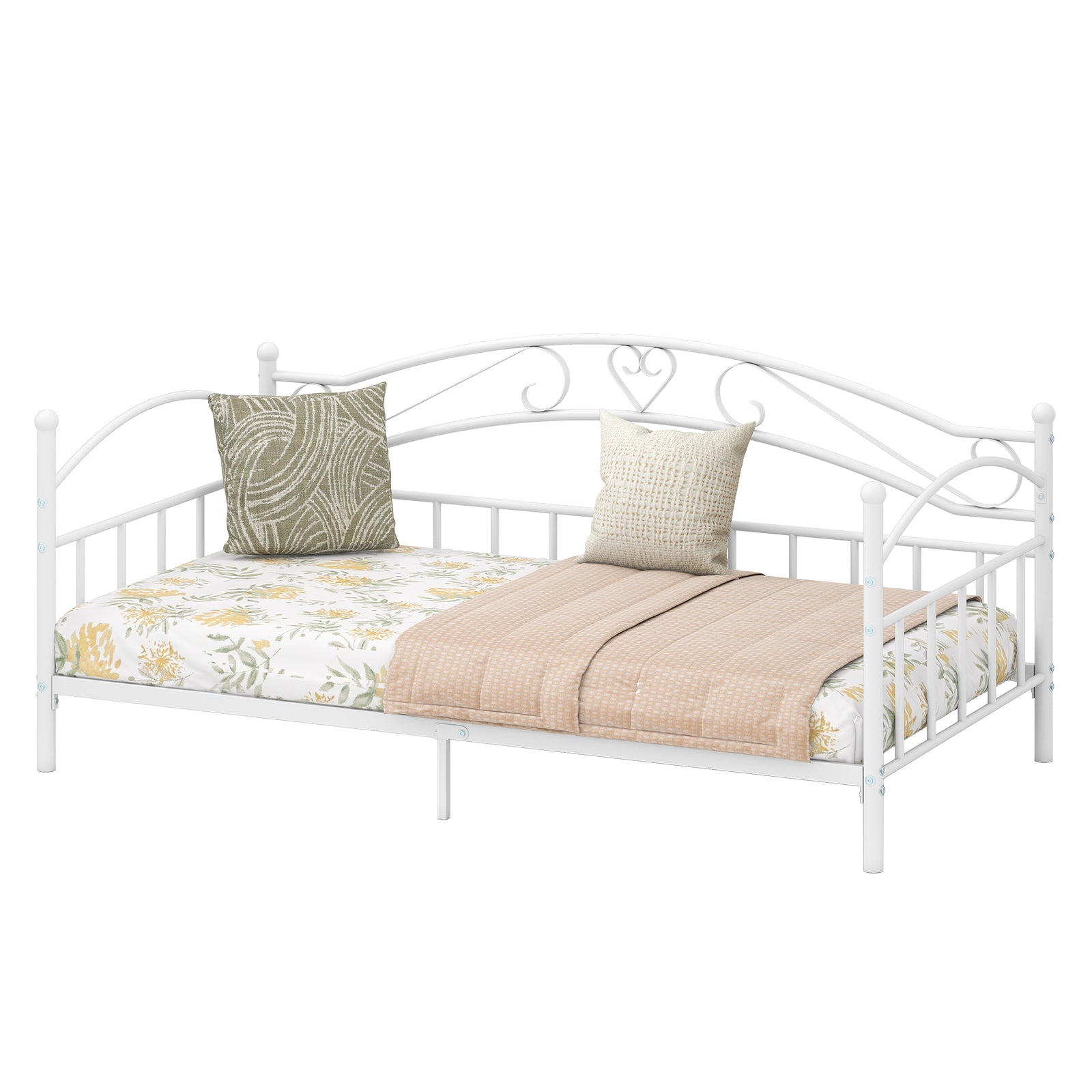 Twin Size Metal Daybed Frame with Headboard for Bedroom-White
