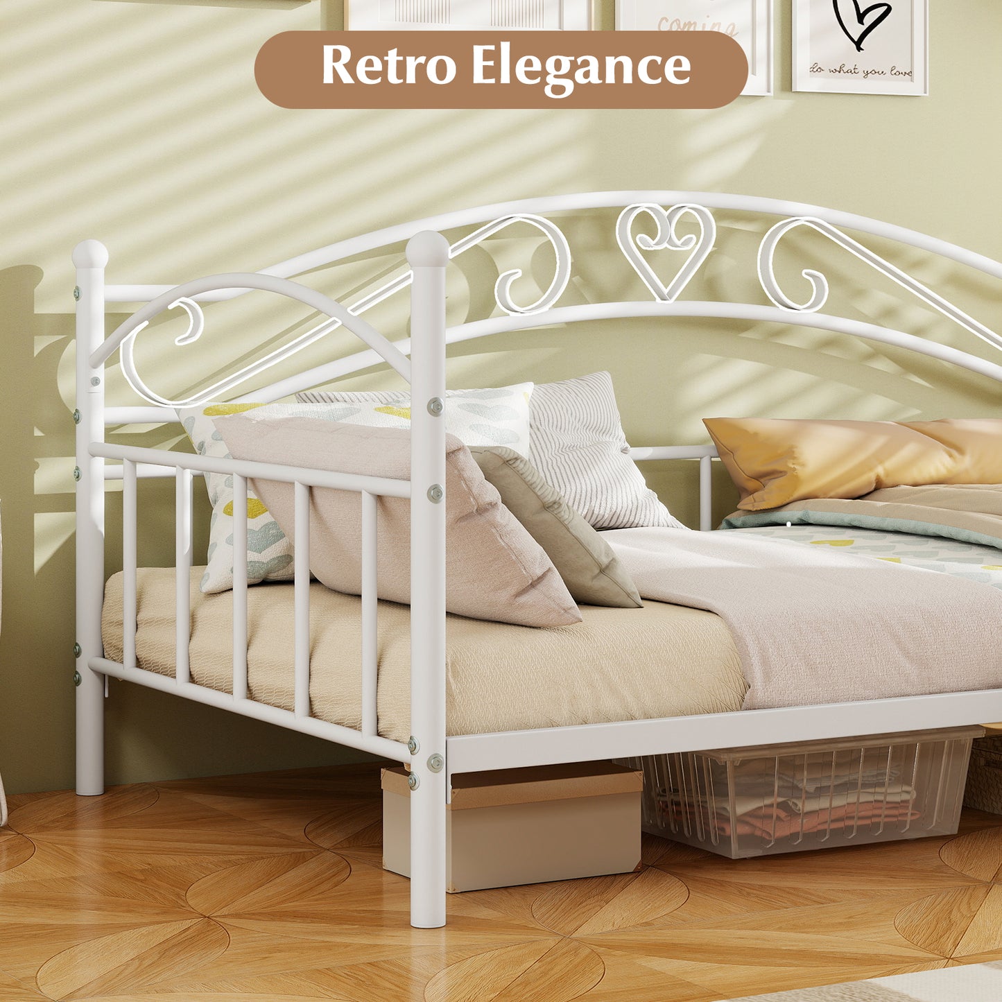 Twin Size Metal Daybed Frame with Headboard for Bedroom-White