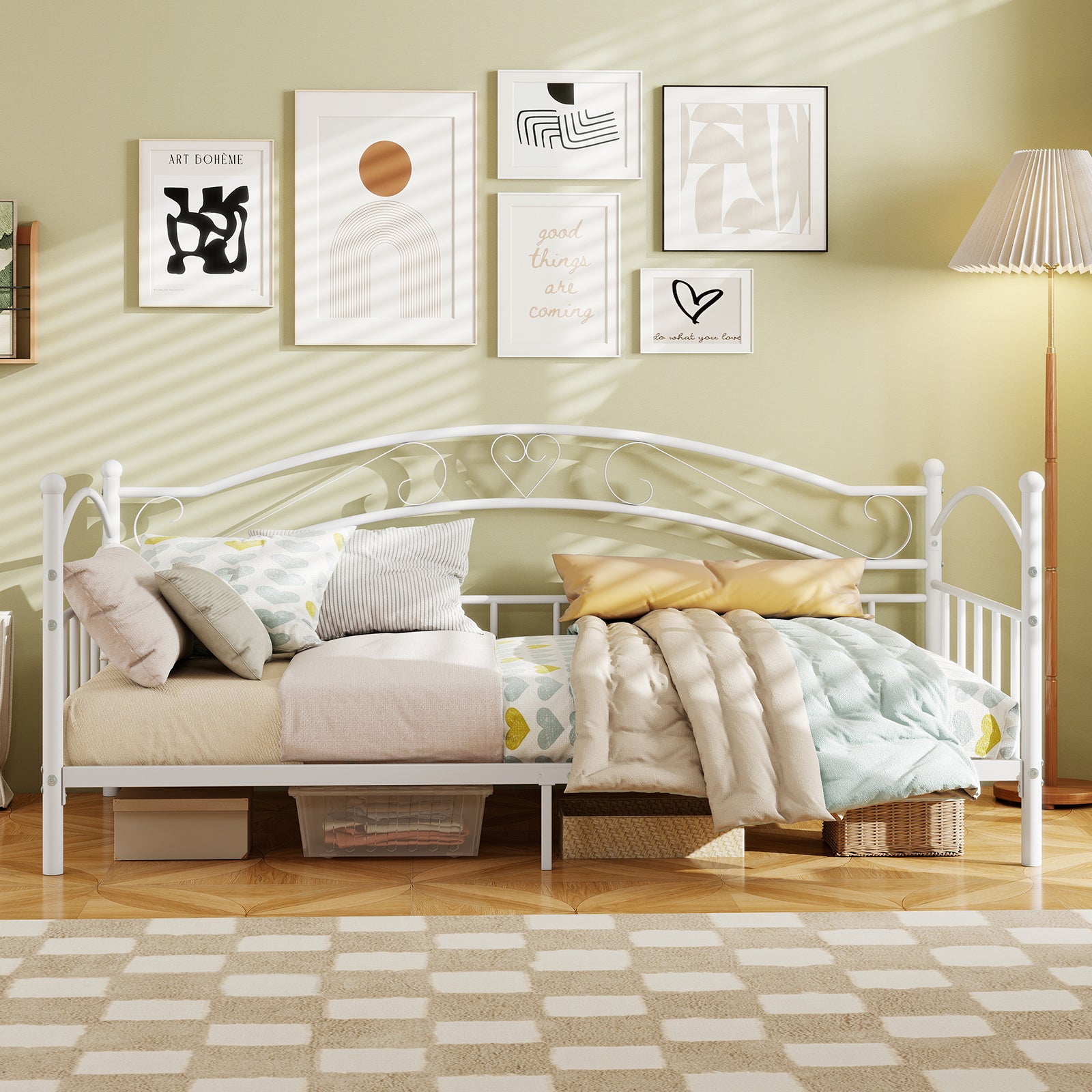 Twin Size Metal Daybed Frame with Headboard for Bedroom-White
