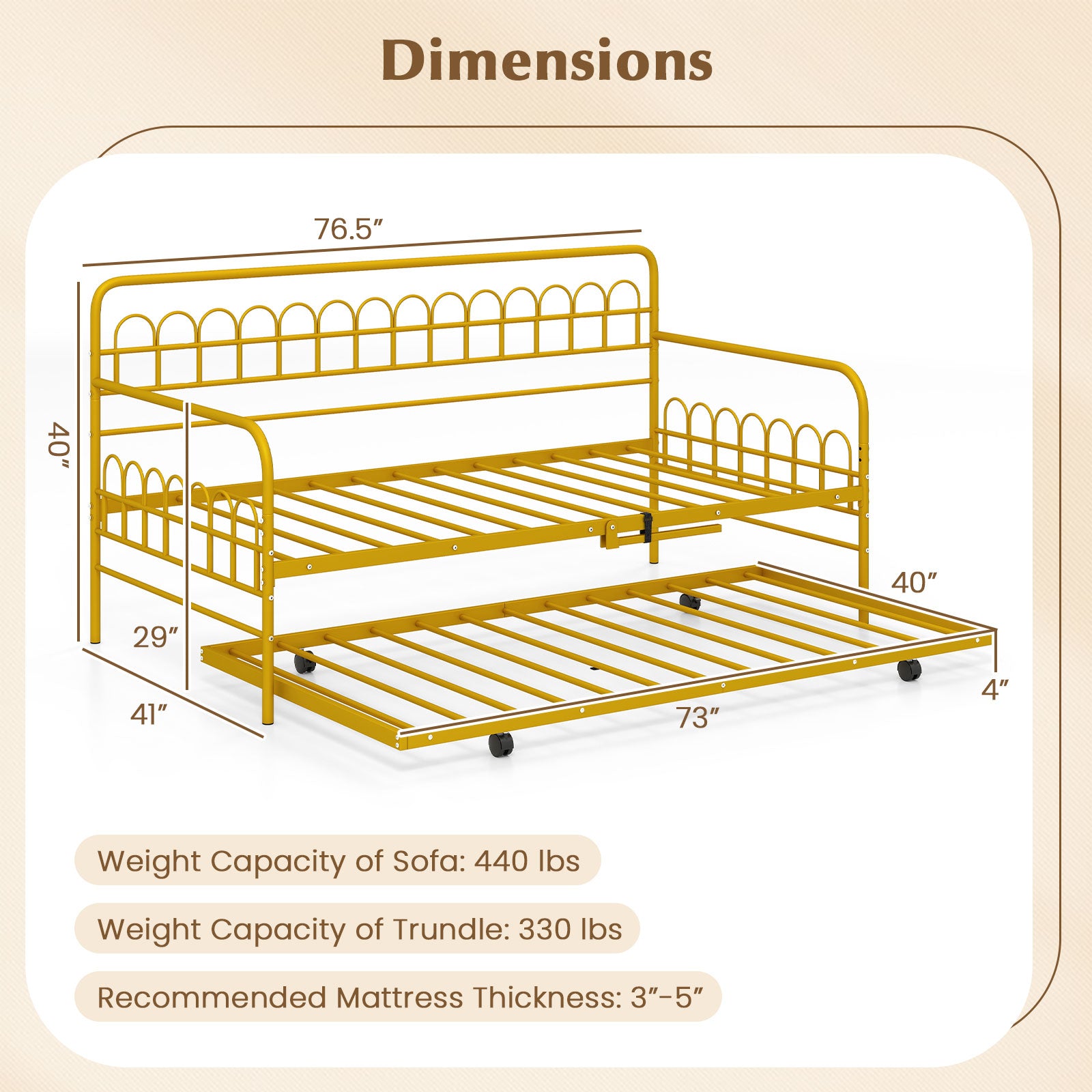 Twin Daybed with Curved Backrest and Armrests-Gold