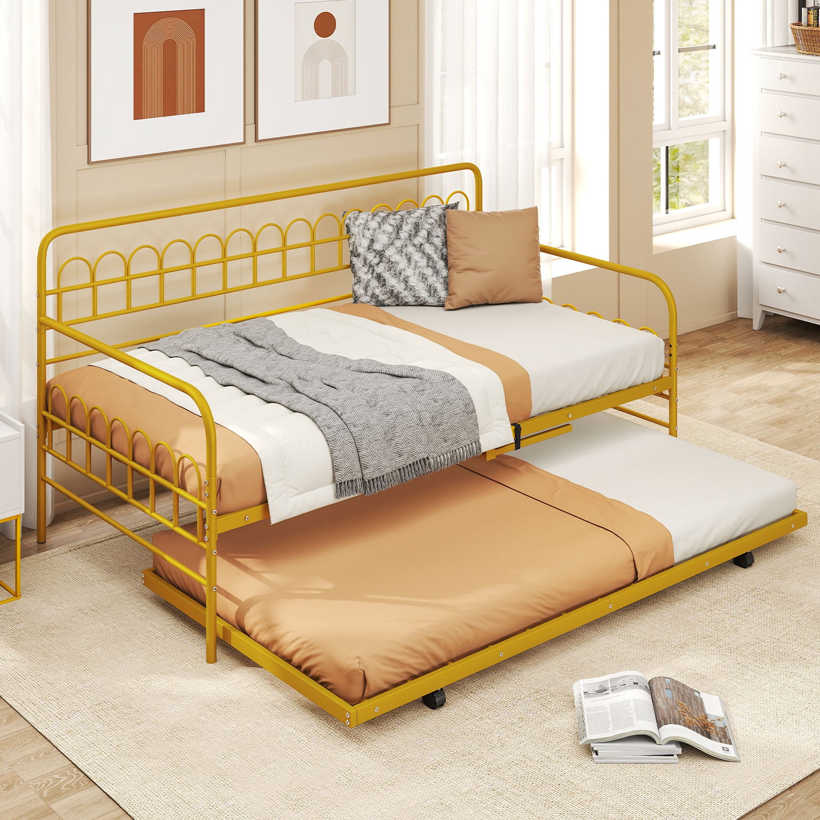 Twin Daybed with Curved Backrest and Armrests-Gold