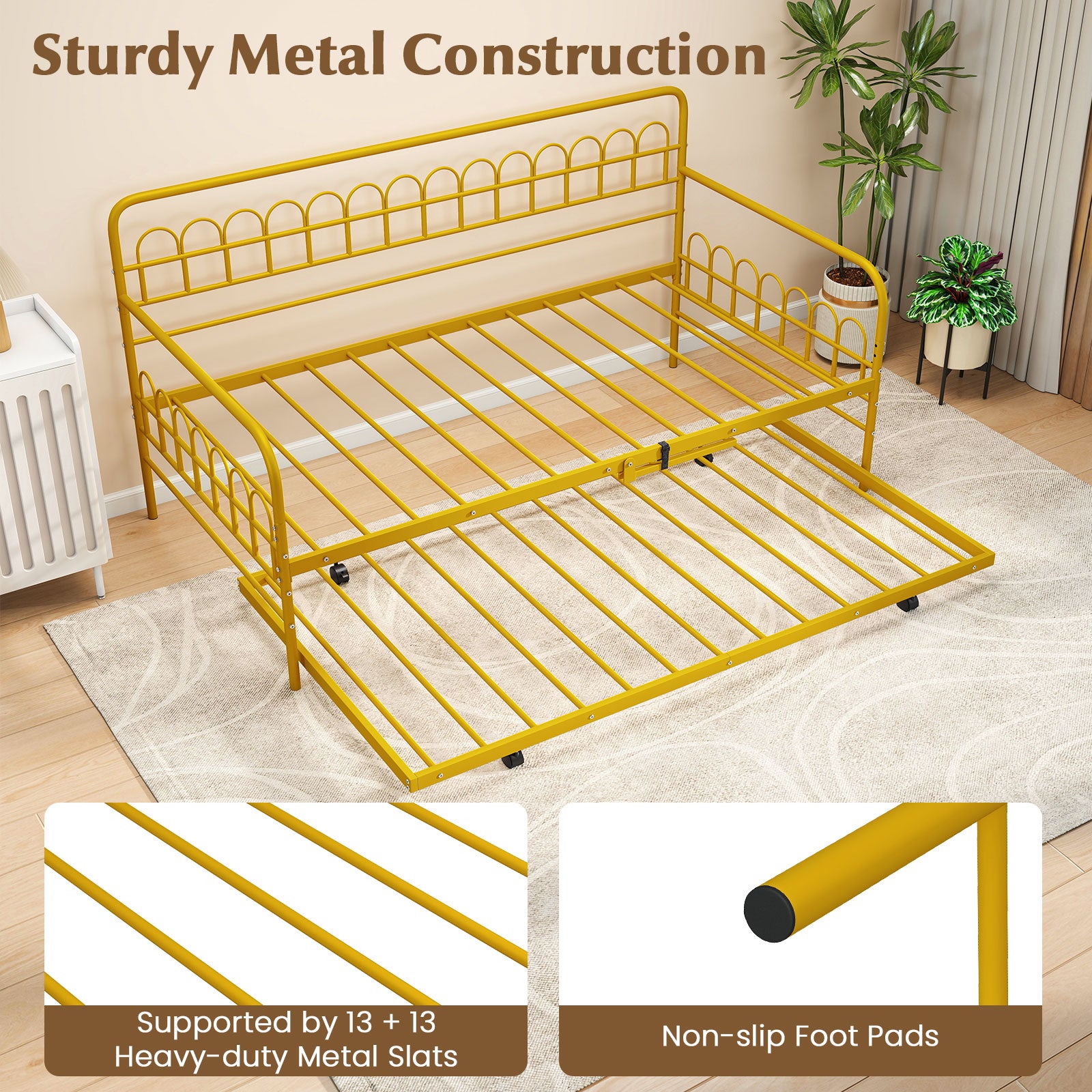 Twin Daybed with Curved Backrest and Armrests-Gold