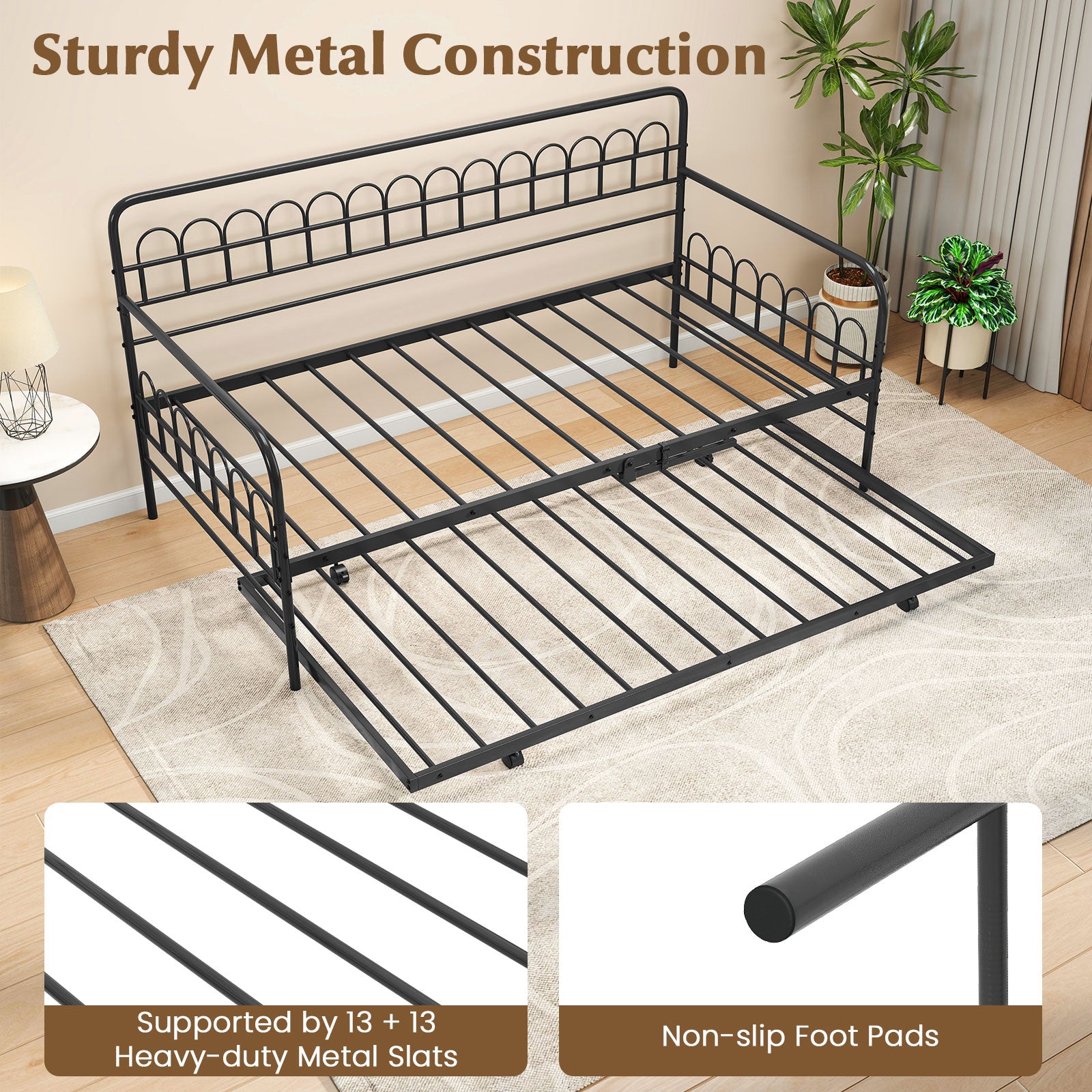 Twin Daybed with Curved Backrest and Armrests-Black