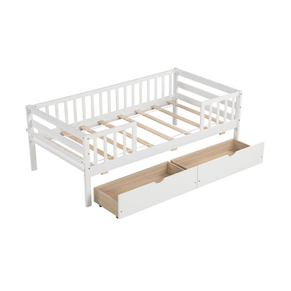 Twin Daybed with Fence and 2 Drawers Kids Bed for Boys & Girls-Gray - White