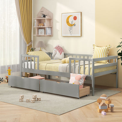 Twin Daybed with Fence and 2 Drawers Kids Bed for Boys & Girls