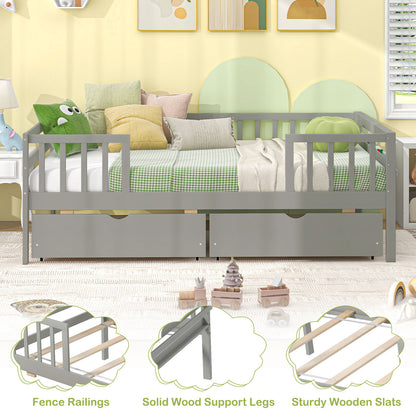 Twin Daybed with Fence and 2 Drawers Kids Bed for Boys & Girls