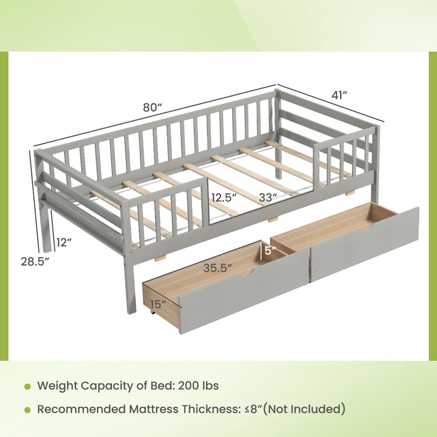 Twin Daybed with Fence and 2 Drawers Kids Bed for Boys & Girls