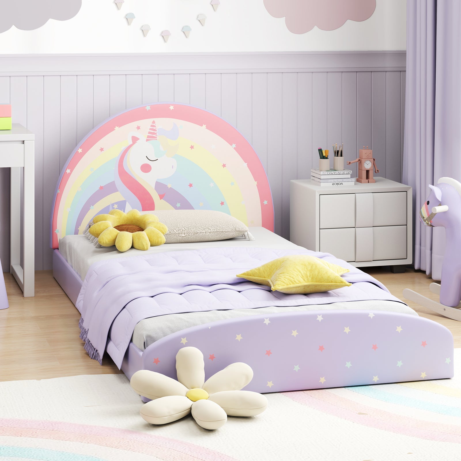 Twin Floor Bed Frame Upholstered Twin Size Kids Floor Bed with 210D Oxford Cloth Floor Mat-Purple