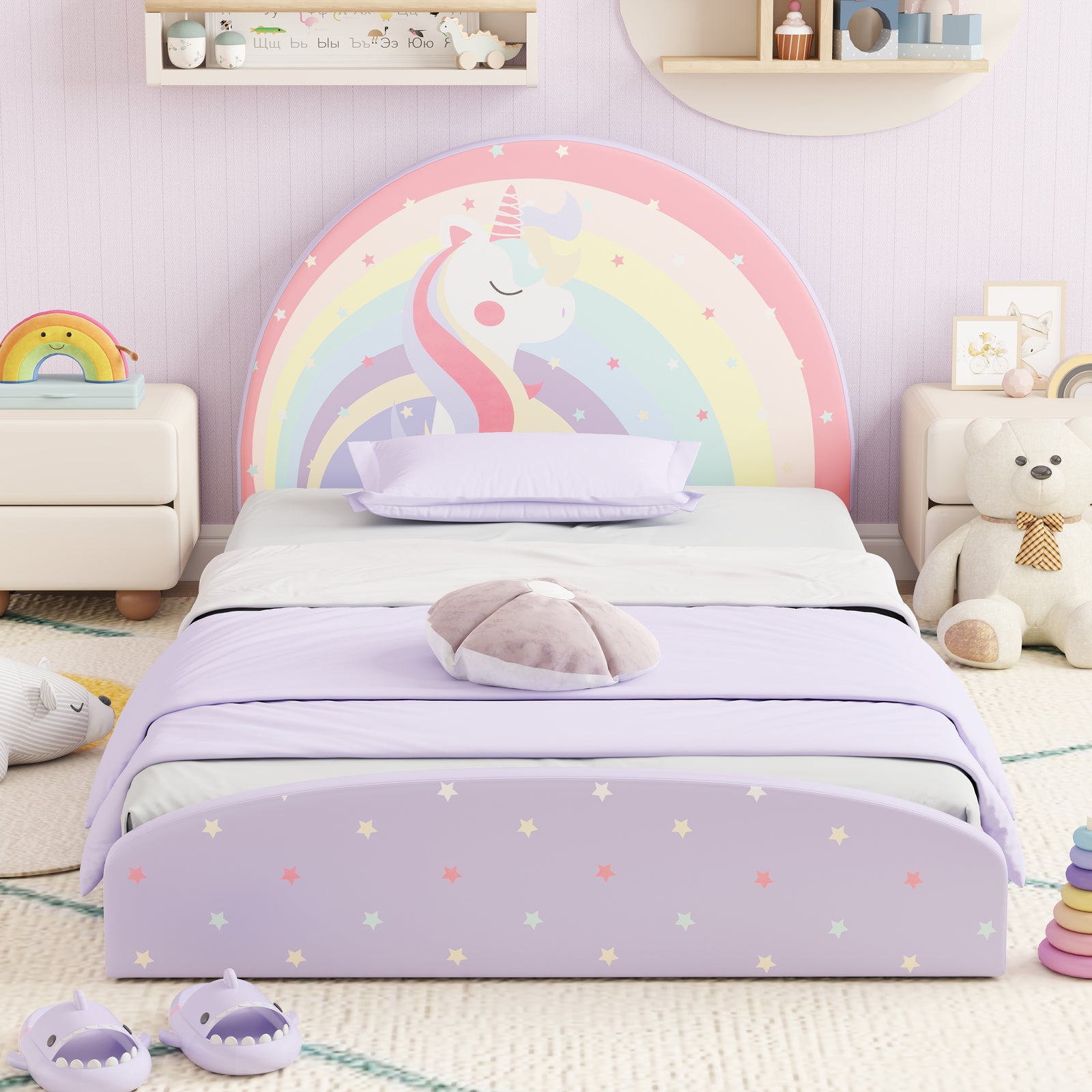 Twin Floor Bed Frame Upholstered Twin Size Kids Floor Bed with 210D Oxford Cloth Floor Mat-Purple