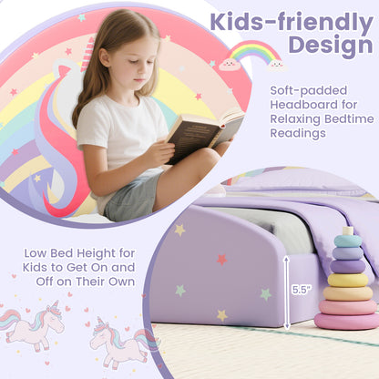 Twin Floor Bed Frame Upholstered Twin Size Kids Floor Bed with 210D Oxford Cloth Floor Mat-Purple