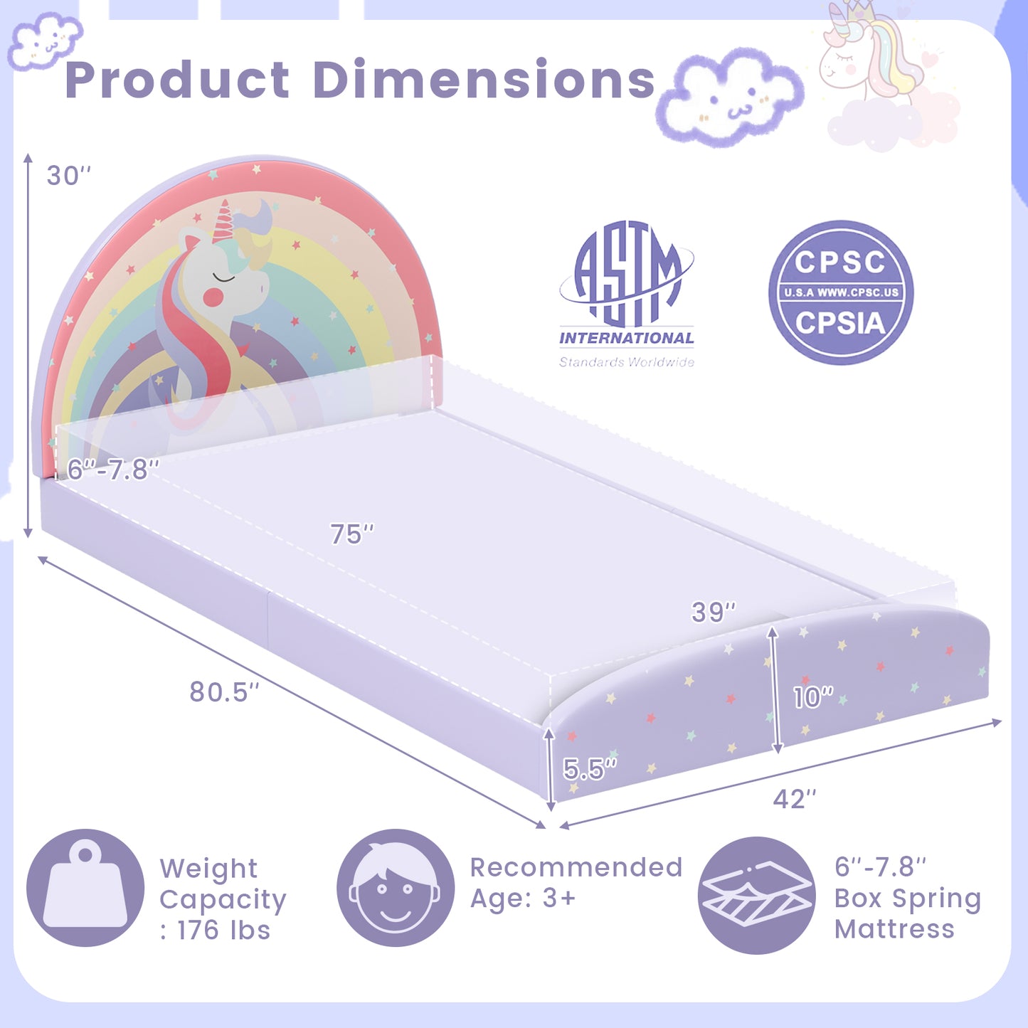 Twin Floor Bed Frame Upholstered Twin Size Kids Floor Bed with 210D Oxford Cloth Floor Mat-Purple