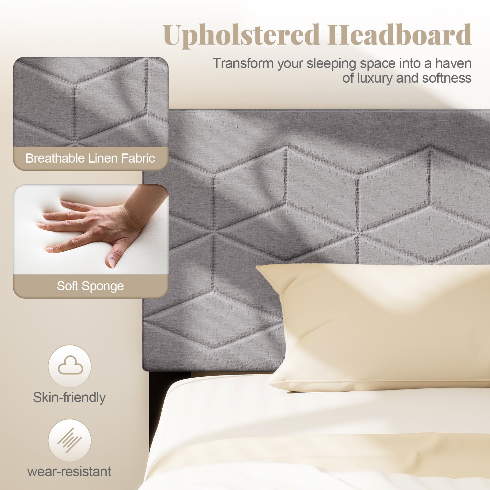 Twin/Full/Queen Size Bed Frame Modern Platform Bed with Linen Fabric Upholstered Headboard-Twin