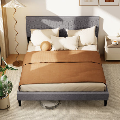 Twin/Full/Queen Size Bed Frame Modern Platform Bed with Linen Fabric Upholstered Headboard-Queen