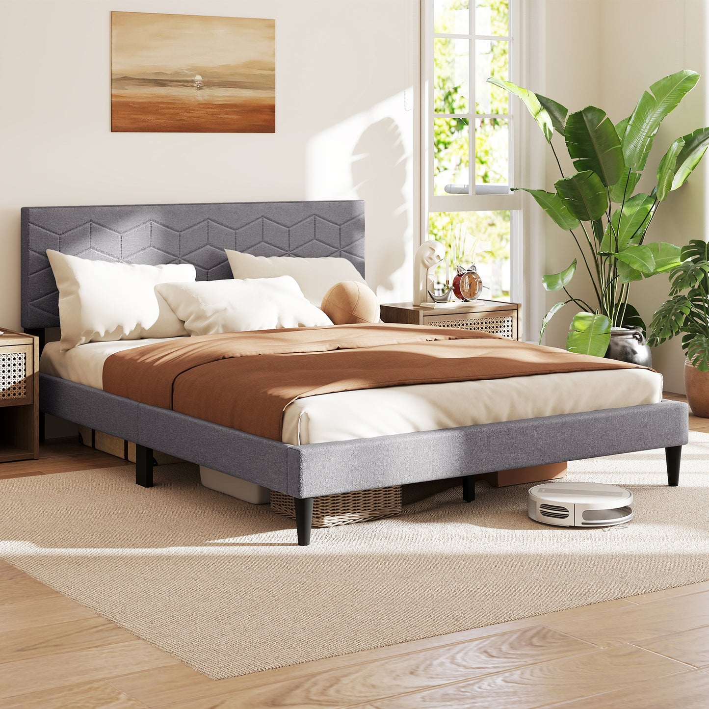 Twin/Full/Queen Size Bed Frame Modern Platform Bed with Linen Fabric Upholstered Headboard-Queen