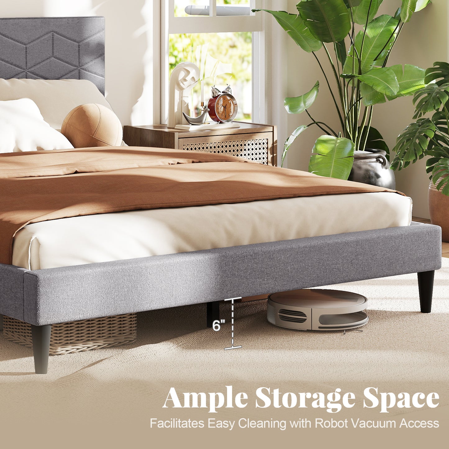 Twin/Full/Queen Size Bed Frame Modern Platform Bed with Linen Fabric Upholstered Headboard-Queen