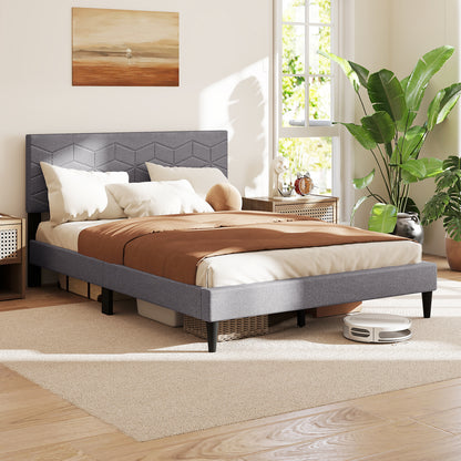 Twin/Full/Queen Size Bed Frame Modern Platform Bed with Linen Fabric Upholstered Headboard-Full