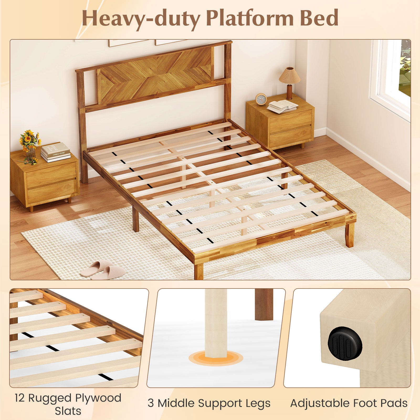 Twin/Full/Queen Size Bed Frame Mid-Century Acacia Wood Platform Bed with Headboard-Full Size