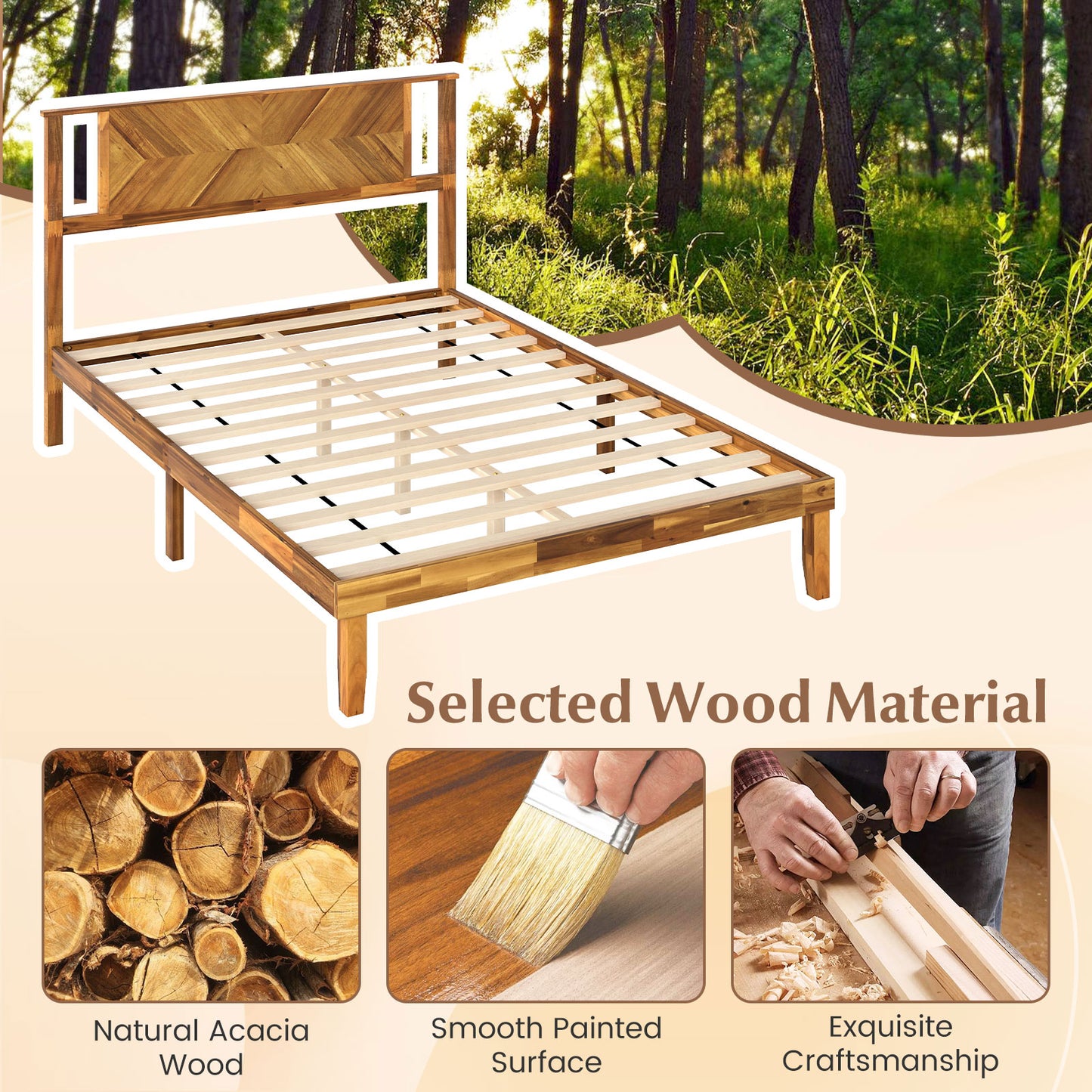 Twin/Full/Queen Size Bed Frame Mid-Century Acacia Wood Platform Bed with Headboard-Full Size