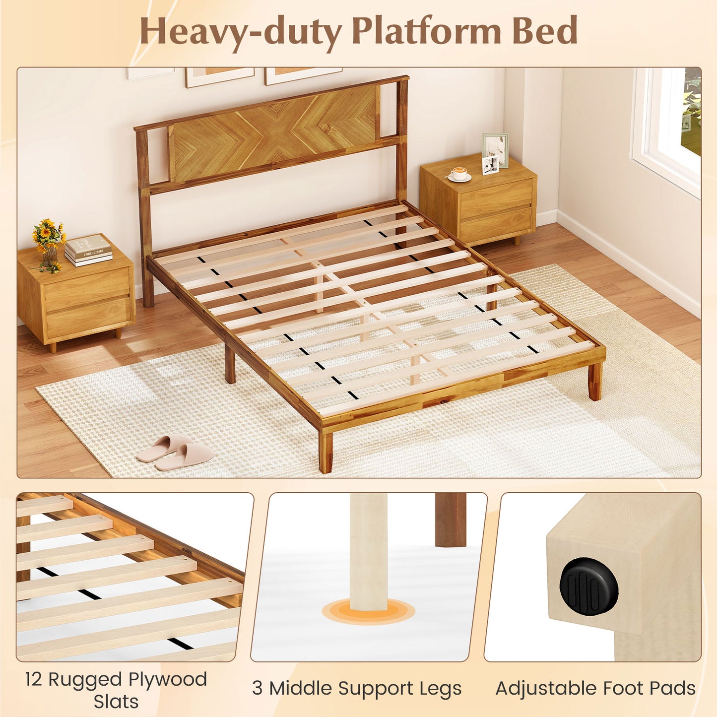 Twin/Full/Queen Size Bed Frame Mid-Century Acacia Wood Platform Bed with Headboard-Queen Size