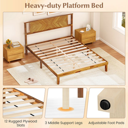 Twin/Full/Queen Size Bed Frame Mid-Century Acacia Wood Platform Bed with Headboard-Queen Size