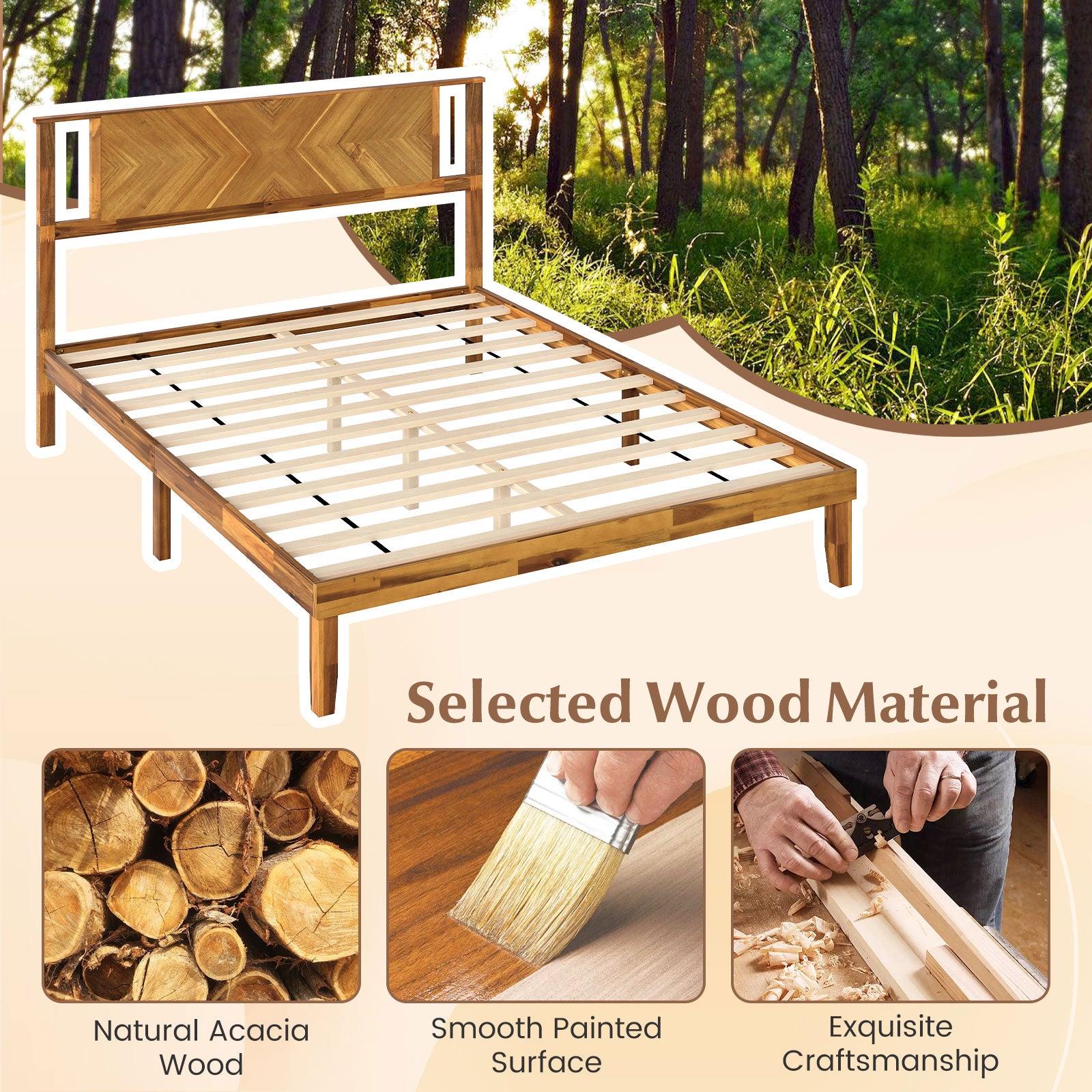 Twin/Full/Queen Size Bed Frame Mid-Century Acacia Wood Platform Bed with Headboard-Queen Size