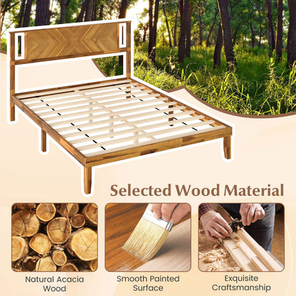 Twin/Full/Queen Size Bed Frame Mid-Century Acacia Wood Platform Bed with Headboard-Queen Size