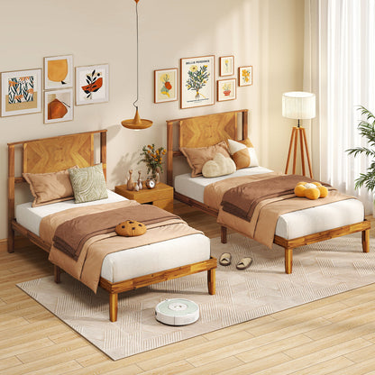 Twin/Full/Queen Size Bed Frame Mid-Century Acacia Wood Platform Bed with Headboard-Twin Size